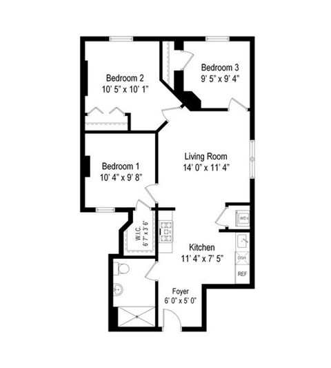Floor plan for 3 beds, 1 bath
